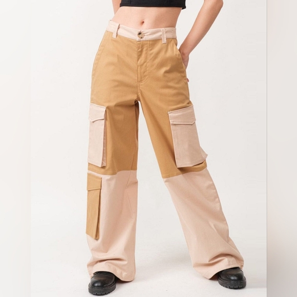 Boutique Patchwork Utility Cargo Pants in Taupe and Cream - Picture 1 of 15